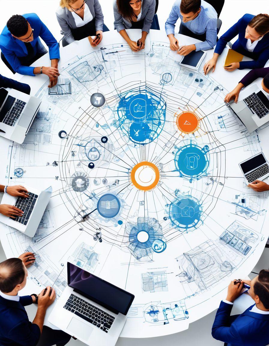 An intricate web composed of interconnected nodes symbolizing online strategy, featuring a magnifying glass focusing on a vibrant blueprint of a website layout. In the background, diverse professionals collaborate with laptops and digital tools, brainstorming ideas. Include elements like graphs and charts overlaying the web to illustrate management metrics. super-realistic. vibrant colors. white background.