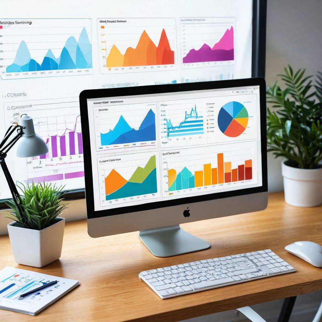 A beautifully organized digital workspace featuring a computer screen displaying graphs and charts showing improved website metrics. Surrounding elements include vibrant illustrations of domains and keys symbolizing optimization. Bright and inviting colors with a warm light ambiance, conveying a sense of happiness and achievement. A subtle background hint of cloud computing to suggest a digital realm. super-realistic. vibrant colors.