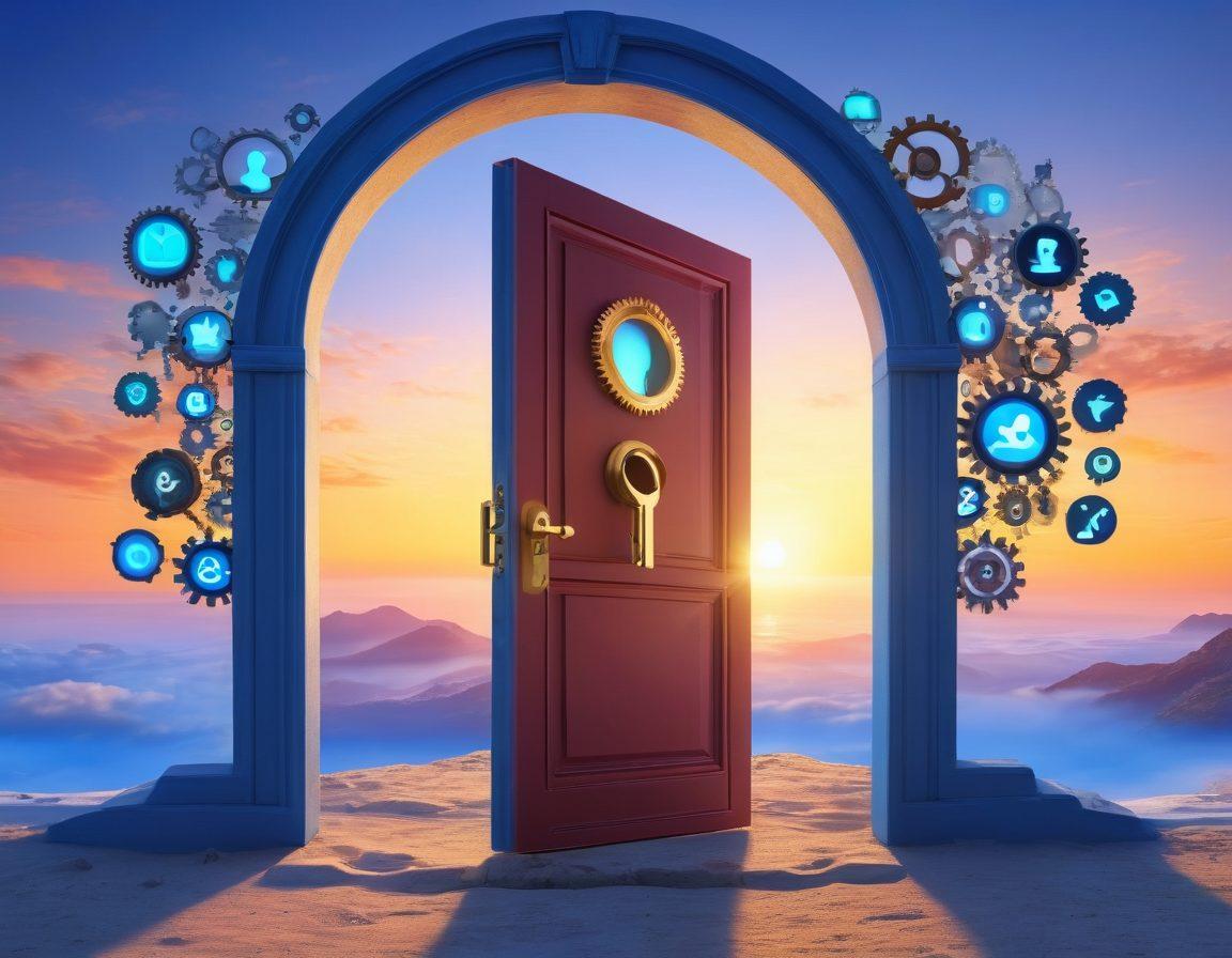 A serene digital landscape featuring a glowing key unlocking a vibrant door adorned with various social media icons and website layouts, set against a bright blue sky symbolizing endless possibilities. Include elements like gears and light bulbs representing innovative strategies, with a path leading to a joyful sunrise on the horizon. super-realistic. vibrant colors. 3D.